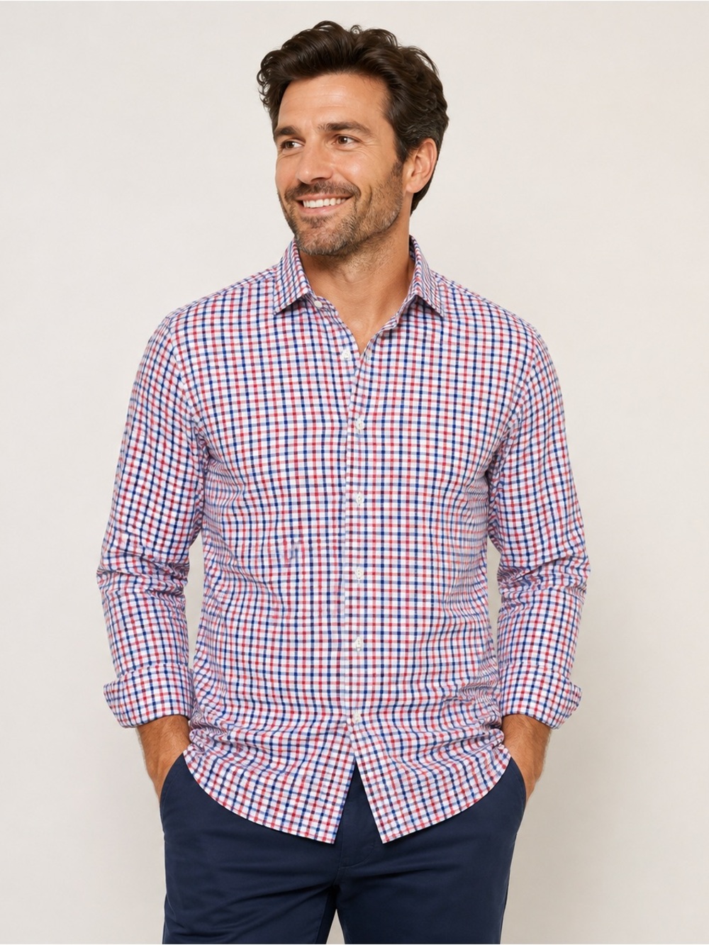 Emanuel Berg Modern Fit Men’s Plaid Button Down Shirt Red Blue 100% Cotton